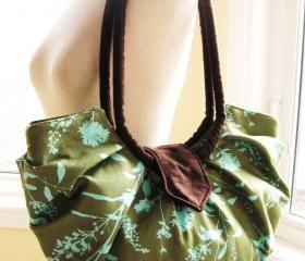 Large green floral cotton bag / hobo purse - Sage green wildflower