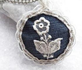 White Lace Long Pendant Necklace Lace pendant Recycled Denim ShabbyChic Jeans Jewellery Handmade by SteamyLab.