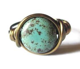 Boho Turquoise Ring Custom Size in Antique Brass