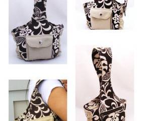 Small interchangable canvas shoulder tote/wristlet - Brown cream leaves - READY TO SHIP Clearance sale
