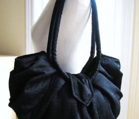 Large black cotton bag, hobo bag, classic black pleated style purse