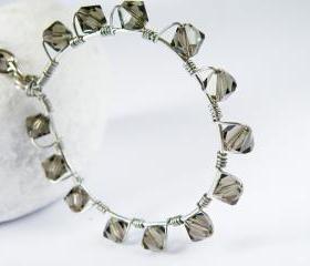 Smoky Quartz Wire Wrapped Hoop Pendant Necklace Bicone Swarovski Crystal Diamond Like Jewelry Fashion Accessories by SteamyLab
