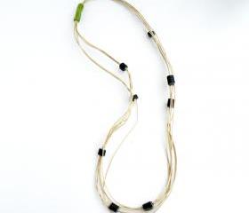 MultiStrand Boho Necklace Long necklace Cotton and Leather. Artistic Green Casual Necklace. Handmade by SteamyLab.