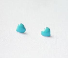 SALE - Turquoise Blue Heart Stud Earrings - Gift under 10 - Valentine gift