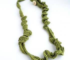 Crochet Long Necklace Olive Green French Cotton Spring Fashion Jewelry Coconut Button Handmade by SteamyLab