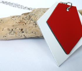 Long Pendant Necklace. Leather Pendant. Geometric Necklace. Asymmetric Red and White Leather. Wearable Art. SteamyLab.