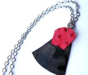 Long Pendant Necklace Printed Leather Red and Brown. Modern Necklace Modern Jewelry. SteamyLab.