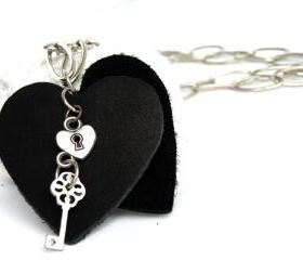 Long Pendant Necklace Black Leather Heart Pendant Charms Pendant Leather Jewelry Recycled Leather by SteamyLab