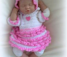 Sweet Heart crochet dress, bonnet and diaper cover set