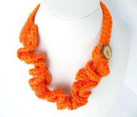 Crochet Necklace Bright Orange Cotton Wavy Coconut Button Spring Summer Fashion Soft Energising, Handmade by SteamyLab.