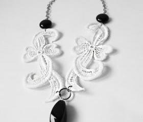White Vintage Lace Necklace. Statement Jewelry. White Lace Necklace. Silver Steel Cable Chain. Unique Jewelry. Handmade by SteamyLab.