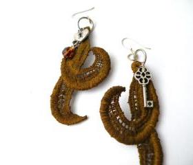 Vintage Lace Earrings. Hand dyed Brown Lace Hook Earrings. Upcycled Jewellery. Unique Jewelry. Handmade by SteamyLab.