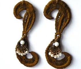 Brown Vintage Lace Drop Earrings. Long Drop Earrings. Hand dyed. Made in Italy. Handmade by SteamyLab.