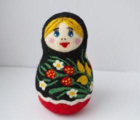 Needle Felted Matryoshka, Russian Doll, Ooak, Flower, black, red, yellow, green