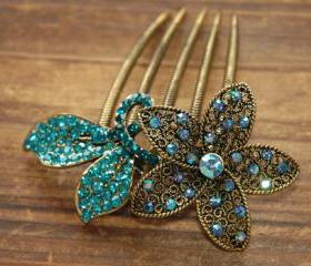 Teal Blue Gold Rhinestone Flower Blossom Hair Comb