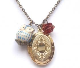 Antiqued Brass Locket Flower Porcelain Owl Necklace