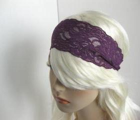 Deep Plum Stretch Lace Headband Purple Floral Head Wrap Women's Hairband Hair Accessory