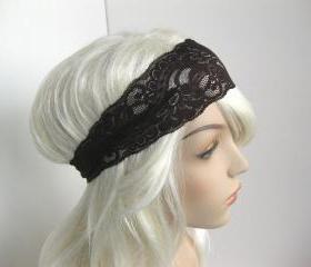 Dark Brown Stretch Lace Headband Floral Head Wrap Women's Hairband Hair Accessory