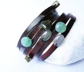 Cuff Leather Bracelet. Multi Strand. Glass beads. Green Tones. Brown Printed Leather. by SteamyLab.