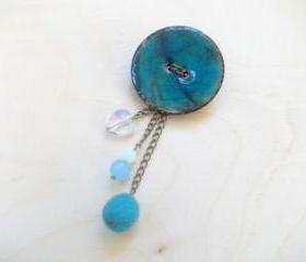 Blue Heart Brooch, Sky Blue Wood Button Brooch, Chain Felted Brooch, Semi Precious stones jade and opal moonstone, Under 20 25 50