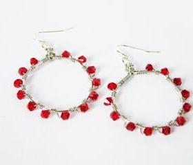 January Birthstone Garnet Red Swarovski Crystals Hoop Earrings Birthstone Jewelry Wire Wrapped Hoops by SteamyLab