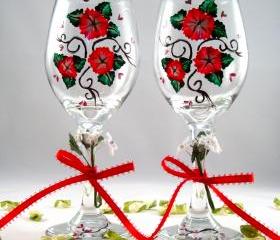 Wine Glasses With Red Flowers 