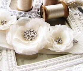 Handcrafted Off White Wedding Bridal Sash Belt Taffeta and Rhinestones