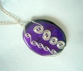 Wire Wrap Pendant Necklace Purple Dragon Vein Agate Stone Non Tarnish Silver Plated