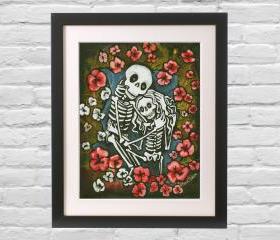 Giclee Print - Cute Calavera Poppy Field - Day of the Dead Art - Skeleton With Hearts and Flowers Poster