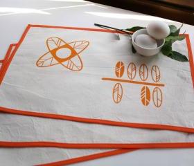 Cotton PLACEMATS set of 2 natural cotton tablemats with flowers and leaves hand printed