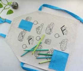 Kids apron with cars screenprinted for coloring - Cotton apron for children from 5 years and up.