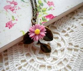 Leaf Necklace - Sun Flower Necklace - Vintage Pink Necklace