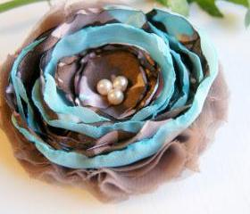 Taupe and Blue Fabric Flower Pin