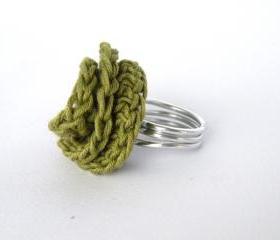 Wire Wrapped Crochet Deco Rose Ring. Aluminum. Olive Green. Cotton. Chic. Trendy. Handmade by SteamyLab