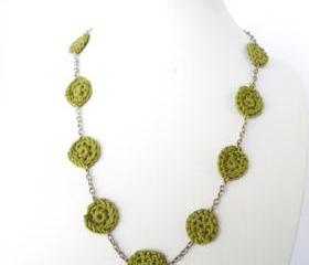 Hippie crochet Necklace Textile Jewelry Olive Green French Cotton Spring Summer Fashion by Steamylab.