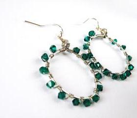 May Birthstone Emerald Green Swarovski Crystals Hoop Earrings Birthstone Jewelry Wire Wrapped Hoops by SteamyLab