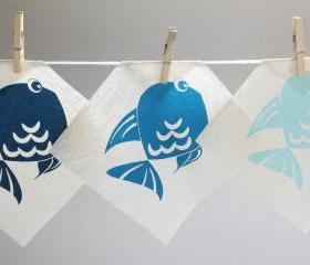 Baby decor - Blue fish screen printed onto cotton - Set of 3