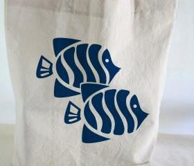 Cotton TOTE BAG - Beach tote - cotton tote bag with hand printed fishes