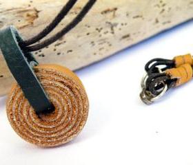 Recycled Leather Necklace. Eco Friendly Light Brown Green Roll Pendant Geometric Necklace Minimalist Jewelry SteamyLab Design