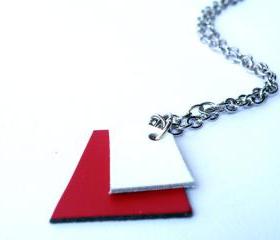 Long Pendant Necklace. Wearable Art Jewelry. Asymmetric Shapes. White and Red Leather. Handmade by SteamyLab.