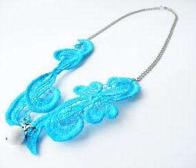 Turquoise Lace Vintage Necklace Spring Summer Fashion Textile Jewelry Statement Jewelry Unique Jewelry by SteamyLab.