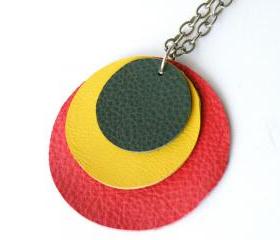 Long Geometric Necklace Long Pendant Necklace Hippie Red Yellow Green Leather Modern Handmade by SteamyLab