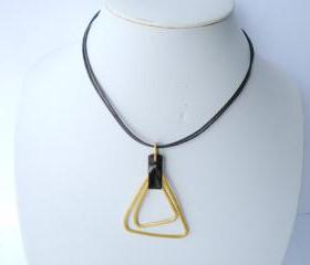 Wire Wrapped Aluminum Pendant Necklace Dark Brown Leather Gold Fashion Accessories Minimalist by SteamyLab.