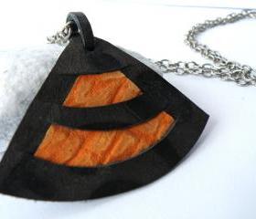 Long Pendant Necklace Leather Jewelry Printed Leather Brown Orange Women Accessories Modern. Handmade by SteamyLab.