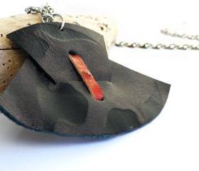 Bold Pendant Necklace. Texture Long Leather Pendant Necklace. Brown Red Recycled Leather. Leather Jewellery. Extravagant Pendant Necklace.