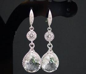 Wedding Jewelry Bridal Earrings Bridesmaid Earrings Cubic Zirconia Ear wires with Clear Glass Rhodium Trimmed Pear Cut Earrings