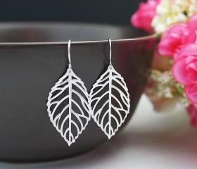 Jewelry Dangle Earrings Matte Rhodium leaf charm Earrings . For Her. Gift for Her . Gift Under 20 Gifts