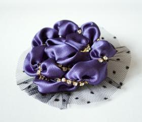 Elegant purple brooch, woman brooch, black, pin, lace, crystals