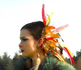 Spiritual.Aura Meanings : Copper Wire - Red/Yellow/Grizzly Rooster Feathers Ear Cuff **FREE SHIPPING**