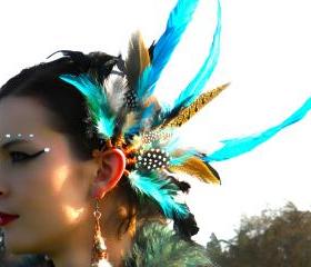 Spiritual.Aura Meanings : Copper Wire - Green/Blue/Exotic Feathers Ear Cuff **FREE SHIPPING**